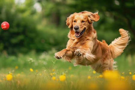 Golden Retriever dog playing fetch in a grassy field with a bright ballの素材
