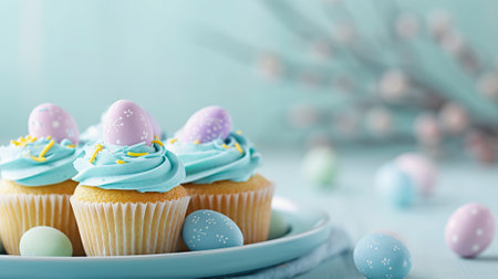 Festive Easter Cupcake with blue toppings. Easter holiday dessertの素材