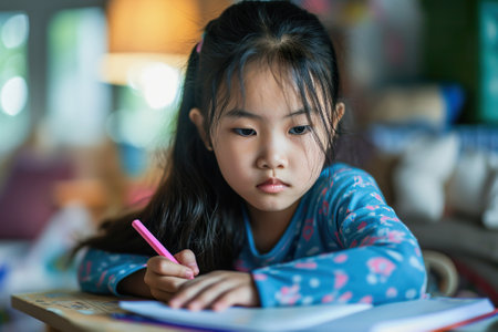 Asian girl is doing her homework in living room at homeの素材