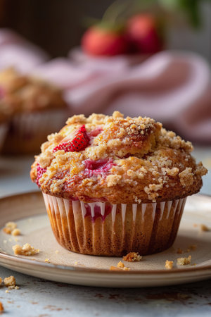 Delicious strawberry muffin with crumbles, close upの素材