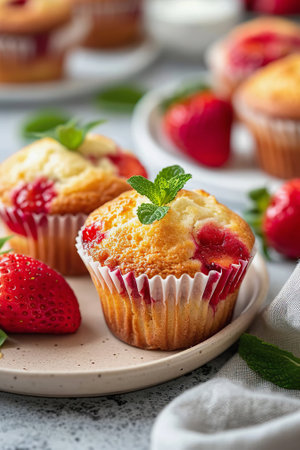 Delicious strawberry muffin with crumbles, close upの素材