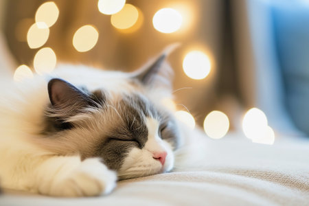 Cute Ragdoll cat sleeping on cozy sofa in living roomの素材