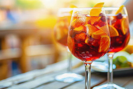 Sangria summer cocktail in traditional glasses on table, copy spaceの素材