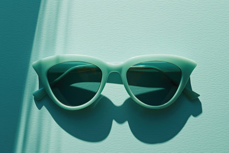 Stylish retro sunglasses on sunny mint green surface, copy spaceの素材
