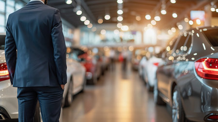 Professional man in suit in car showroom at work in dealership, surrounded by high end vehicles, rear back viewの素材
