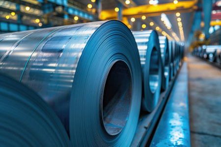Stacked galvanized steel coils in warehouse. Steel rolls productionの素材