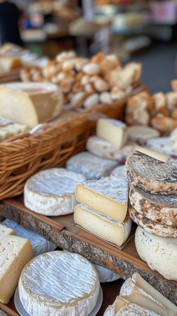 Variety of gourmet cheeses on display at local market, showcasing textures and colorsの素材