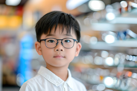 Little boy in optical store trying on new glasses, blurred backgroundの素材