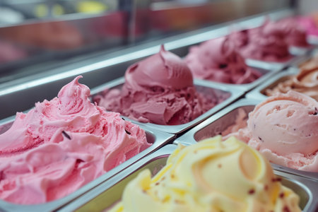 Pink berry artisanal ice cream on display at gelateriaの素材