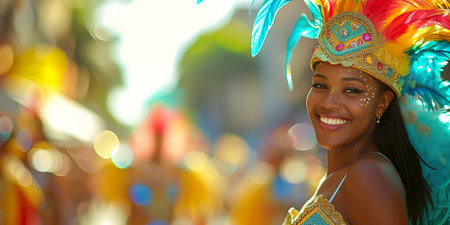 Carnival dancer at parade. Brazilian female dancer at Rio carnival. Banner with copy spaceの素材
