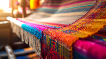 Colorful textiles on traditional loom. Artisanal fashion, fabrics productionの素材