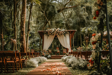 Wedding venue in forest with flower arch, chairs and rose petal aisleの素材