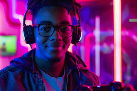Young male black gamer with headphones immersed in neon lit gaming sessionの素材