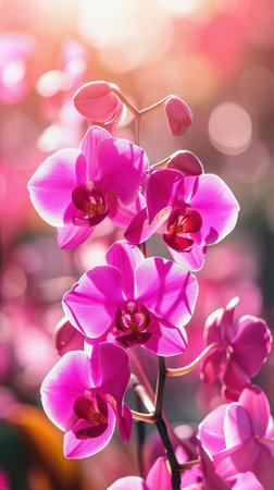 Orchids on soft, dreamy background copy space. Spring or summer bannerの素材