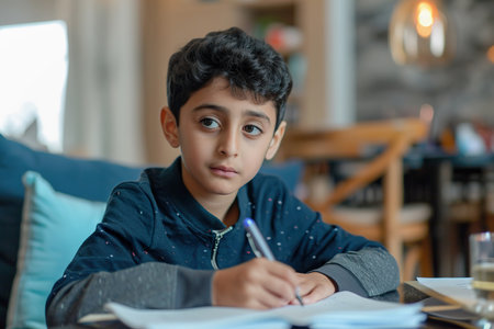 Arab boy is doing his homework in living room at homeの素材