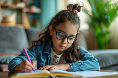 Arab girl doing his homework in living room at homeの素材