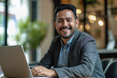 Middle aged Hispanic man working on laptop in officeの素材