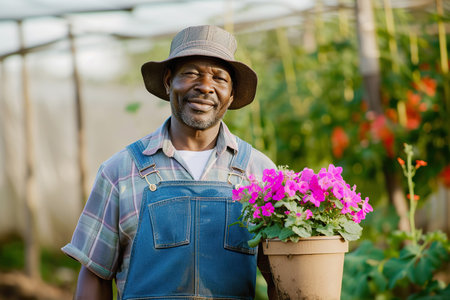 African American male gardener holding pot of pink petunias in greenhouse yardの素材
