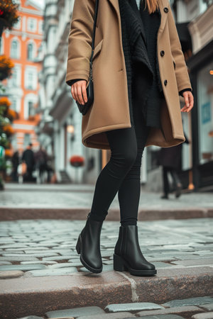 Stylish ankle boots paired with chic coat on urban cobblestone path in city. Female legs close upの素材