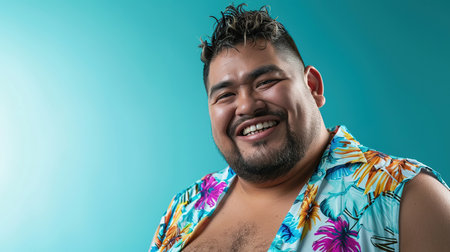 Confident plus size Hispanic man in floral shirt and hat against blue backgroundの素材