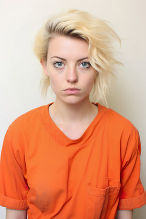 Prison mugshot photo of young blonde woman in orange jumpsuitの素材