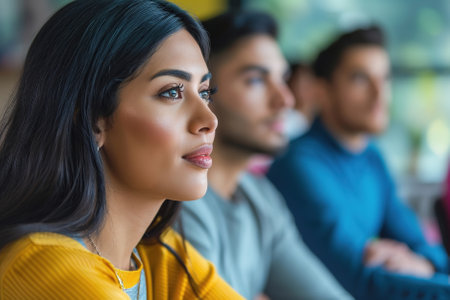 Young Hispanic woman listening to presentation in group meeting in officeの素材