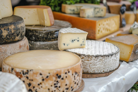 Variety of gourmet cheeses on display at local market, showcasing textures and colorsの素材