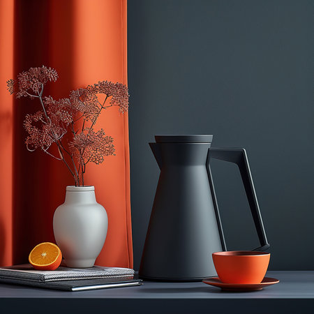 Minimalist insulated kettle. Modern black coffee pot on table with simple decorの素材