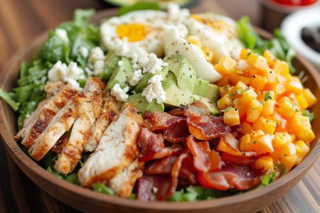 Cobb salad bowl with diced vegetables, bacon, and chicken close upの素材