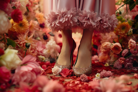 Woman feet in elegant glittering high heels among vibrant flowers, close upの素材