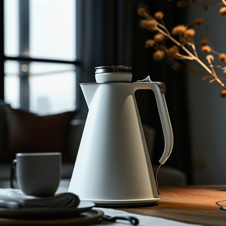 Minimalist insulated kettle. Modern gray coffee pot on table with simple decorの素材