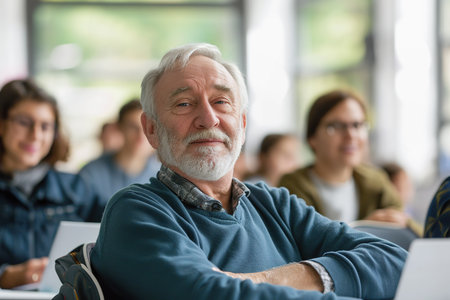 Senior Student. Mature male student enjoying class, sitting and learning in business classroomの素材