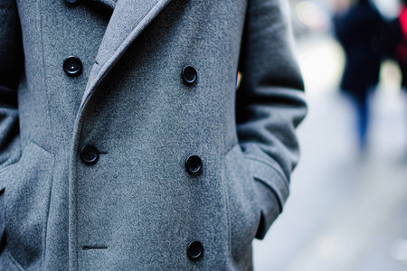 Stylish gray peacoat buttoned on person, blurred street backgroundの素材