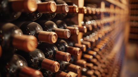 Rows of aged wine bottles stacked in a wooden rack in a traditional wine cellarの素材