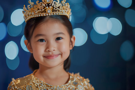 Beauty pageant contest. 5 years old Asian girl in tiara and beautiful dress, winnerの素材
