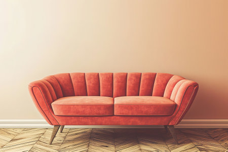 Elegant pink velvet sofa and beige empty wall background, copy spaceの素材