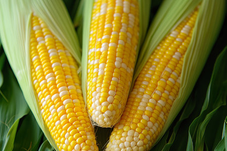 Fresh harvested corn. Textures and kernels of corn on cobの素材