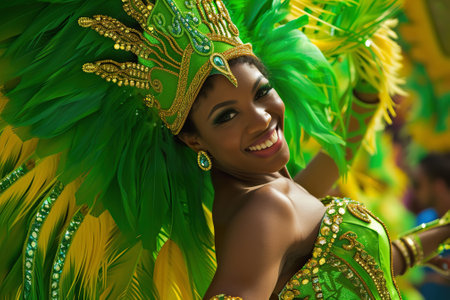 Carnival dancer with feather headdress enjoying parade. Brazilian female dancer at Rio carnivalの素材