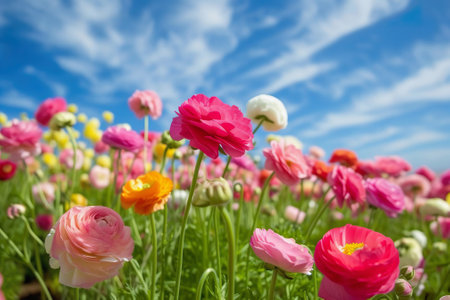 Colorful ranunculus flowers blooming under clear blue skyの素材