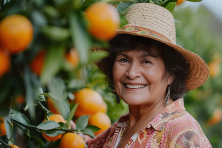 Middle aged Hispanic woman in orange orchard, smilingの素材