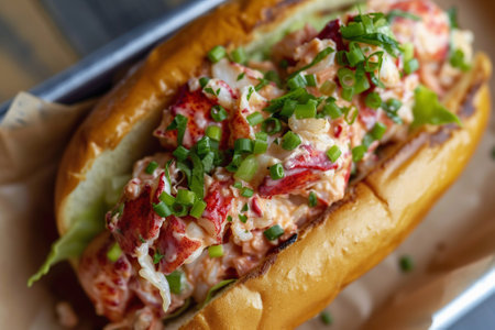 Lobster Roll with Fresh Lettuce and Green Onions, close upの素材