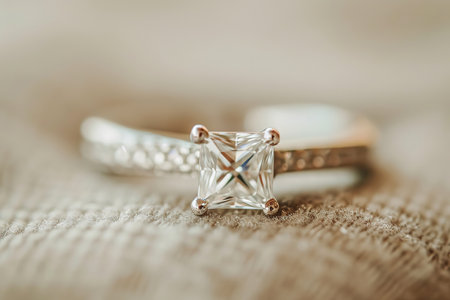 Princess Cut diamond engagement ring with sparkling gemstone. Central stone with small diamondsの素材