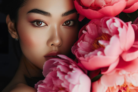 Fashion portrait. Asian female model with pink peonies flowersの素材