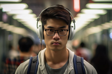 Young Asian Man portrait with Headphones and Backpackの素材