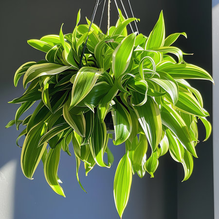 Lush spider plant hanging indoors, cluster of chlorophytum comosumの素材