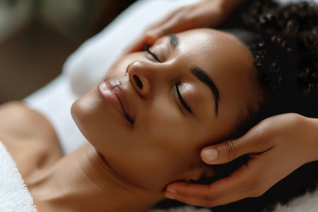 Young black woman enjoying relaxing facial massage in a spaの素材