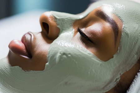 Woman relaxing with green facial mask in spa settingの素材
