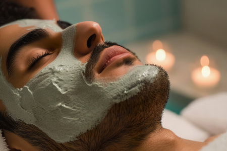 Hispanic man relaxing with green facial mask in spaの素材