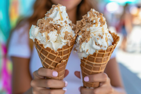 Hand holding two waffle cones with melting scoops of caramel ice creamの素材