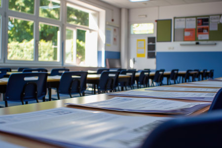 Empty classroom with sunlight and exam papers on desks, no studentsの素材